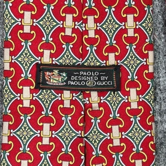 Paolo Gucci Silk Tie Mens Vintage Made In Italy Red Equestrian Chain Pattern - Picture 5 of 9